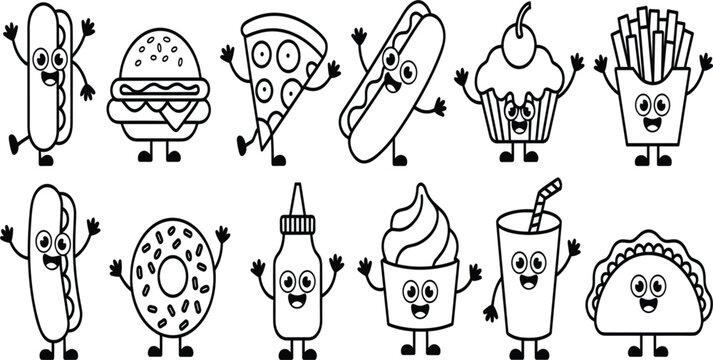 Cute fast food character vector set with burger, pizza, taco, and hot dog kawaii mascots