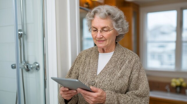 Occupational therapist evaluates home accessibility modifications for senior homeowner, measuring doorway width with tablet, aging residence interior with grab bars installed, perfect for