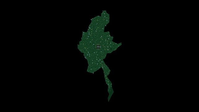 Circuit board map animation of Myanmar &ndash; Digital PCB Territory Visualization, Technology, Communication