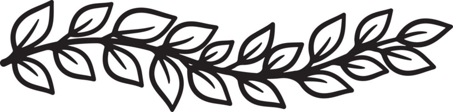 A simple black and white line art illustration of a decorative leafy vine branch design element