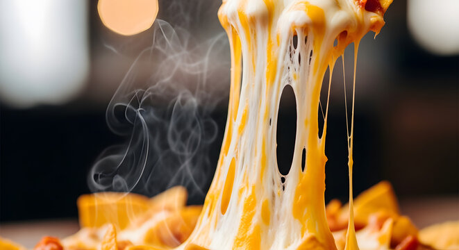 Close up of long melted cheese pull from warm nachos