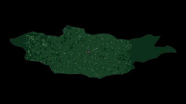 Circuit board map animation of Mongolia &ndash; Digital PCB Territory Visualization, Technology, Communication
