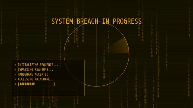 A cyberpunk-style animation shows a system breach in progress with scanning radar, initializing sequences, RSA bypass, handshake accepted, and access granted messages on a dark digital interface.