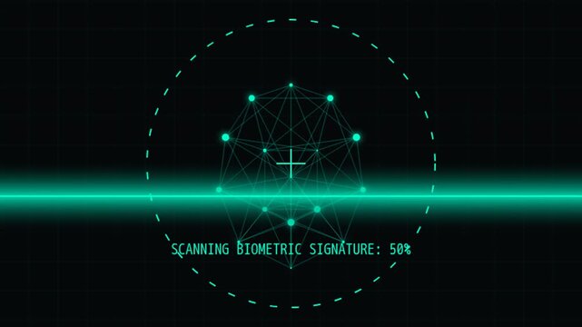 A futuristic digital interface scans and verifies neural links and biometric signatures with glowing green holographic nodes and progress bars.