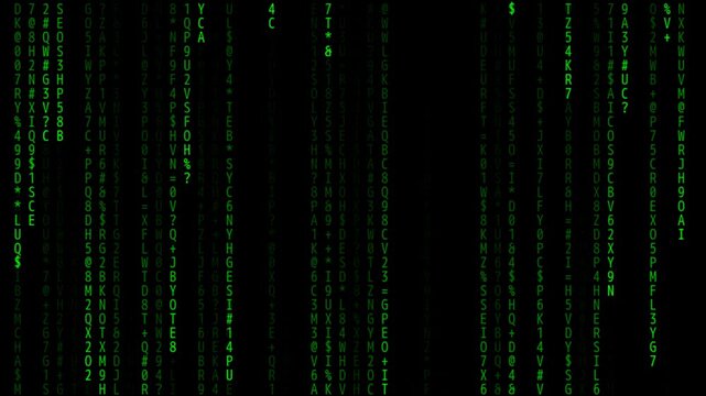Green digital rain cascades endlessly against a black void, simulating the iconic Matrix code effect with falling alphanumeric characters creating an immersive cybernetic atmosphere.