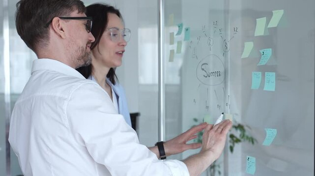 Business colleagues collaborating and problem solving, writing ideas and drawing a success mind map on a clear glass whiteboard with sticky notes during a meeting