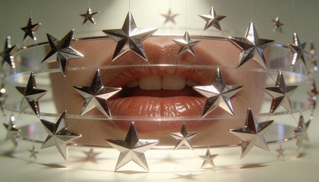 Framing person's glossy lips, concentric silver star headpiece catching directional light in studio