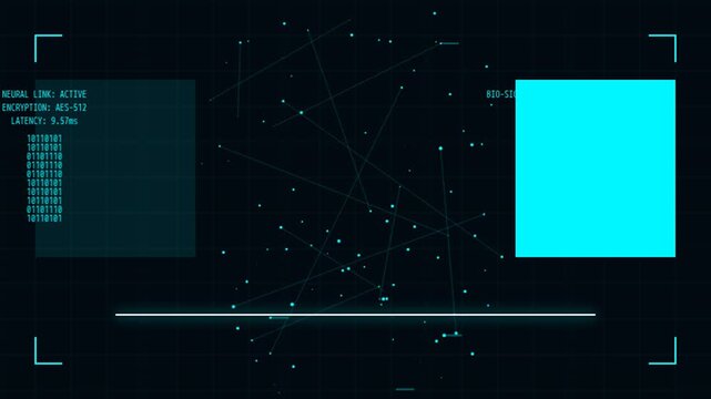 A futuristic digital interface displays glowing cyan squares and scrolling binary code against a dark grid, simulating neural link activity with latency metrics.