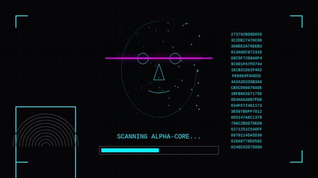 A digital interface scans multiple faces with glowing outlines and data streams, initializing core systems across a grid of futuristic HUD panels.