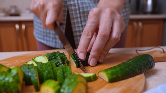 slicing fresh cucumber on wooden board with steady knife strokes, hands guiding blade to create even rounds, bright green produce, crisp texture and crunch emphasized, modern kitchen