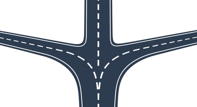 Road intersection with three way forked highway lanes