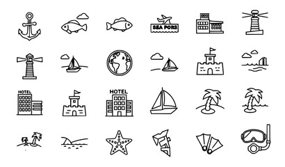 Thin line seaside and travel icon set with nautical beach and coastal elements vector © Lipi