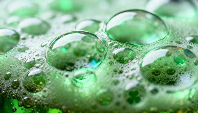 Shining cluster of large green bubbles floating in foam film on table with microfoam clover shapes