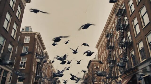 Flock of Pigeons Soaring Above City Street