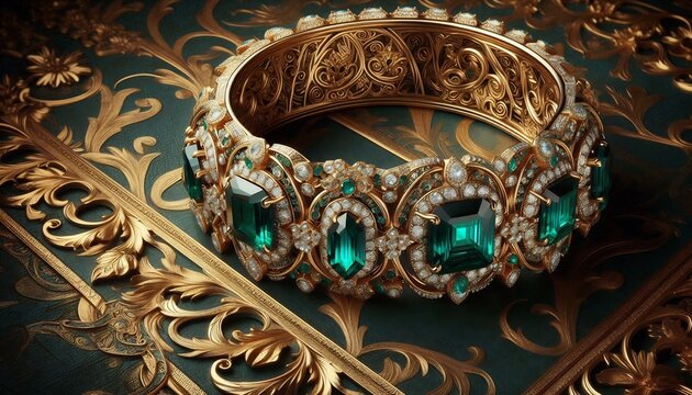 Exquisite Emerald and Diamond Tiara on Ornate Brocade Fabric.
