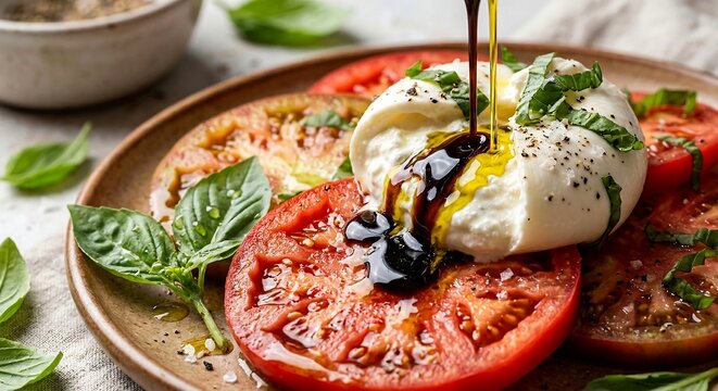 Burrata cheese and heirloom tomato salad with balsamic glaze