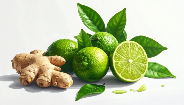 Fresh limes green leaves and ginger root on white background