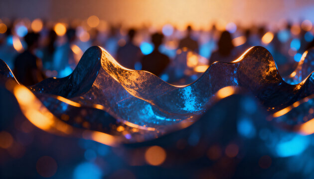 Highlighting curving metallic ridges showing tarnish and orange blue bokeh in studio macro