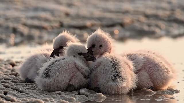Fluffy Flamingo Chicks Huddle Together in Shallow Salt Flat
