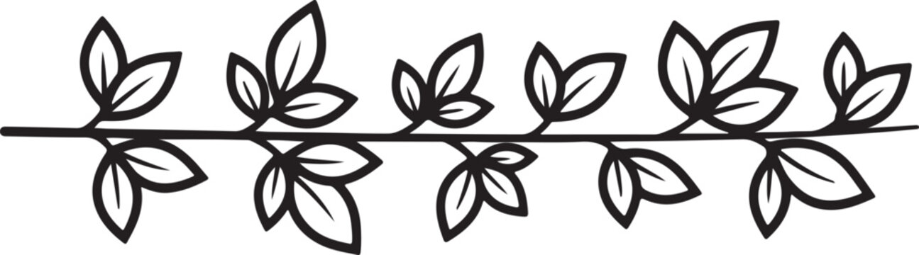 A horizontal vine border illustration featuring simple hand drawn leaves on a solid white background