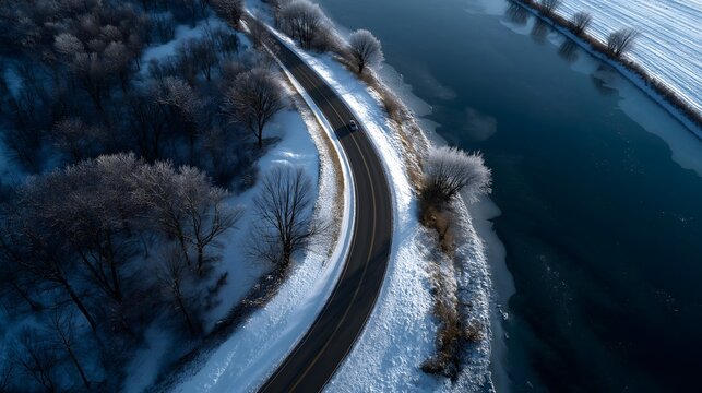 Aerial view of winding road along frozen river in winter scenery