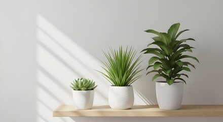 Fototapeta premium Three Potted Green Plants Sit On A Wooden Shelf With Sunlight