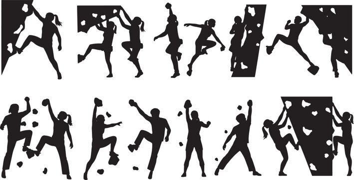Diverse black vector silhouettes illustrating individuals engaged in the challenging sport of rock climbing and bouldering, demonstrating strength, agility, and the thrill of ascent