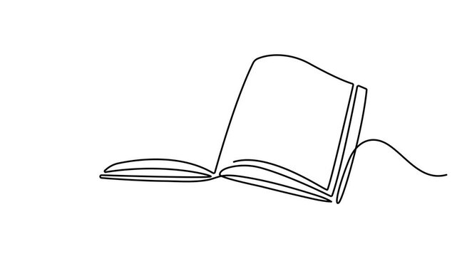 Animated self drawing of continuous line draw of open book with pen or pencil above working desk. Education learning or writing business. Full length one line animation. 4k video