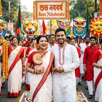 Couple in traditional bengali attire celebrating pohela boishakh with colorful decorations and sign