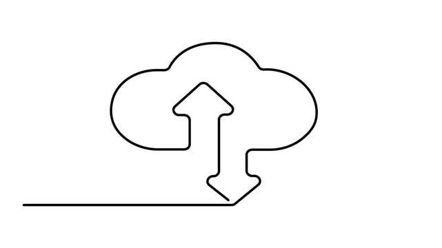 Minimalist single line art drawing depicting a cloud and an upward arrow. symbolizing cloud uploading or data transfer. Animated technology logo. Full length one line animation. 4k video