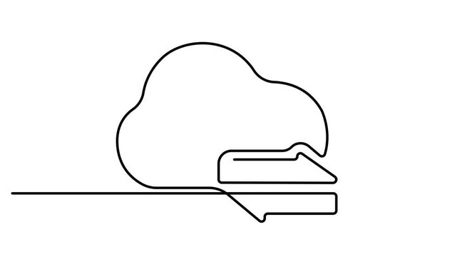 Minimalist single line art drawing depicting a cloud and an upward arrow. symbolizing cloud uploading or data transfer. Animated technology logo. Full length one line animation. 4k video