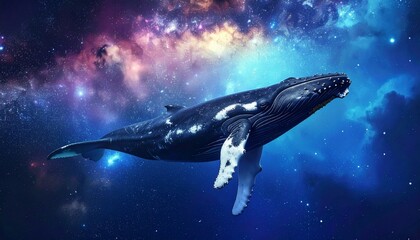 Fototapeta premium Majestic whale soaring through a vibrant cosmic galaxy fantasy artwork