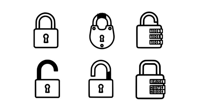 Locks black line icon set with combination and digital, secure, safety, protection symbols featuring lock, padlock, security with password and code