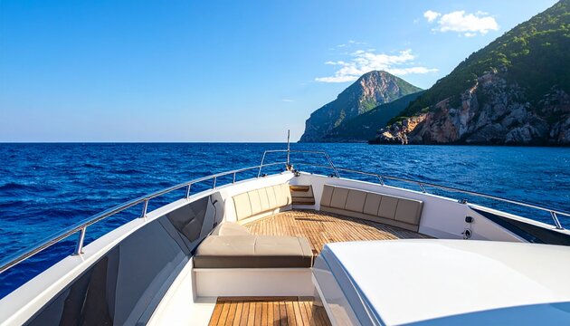 Luxury yacht sailing on open ocean with mountain range in the background
