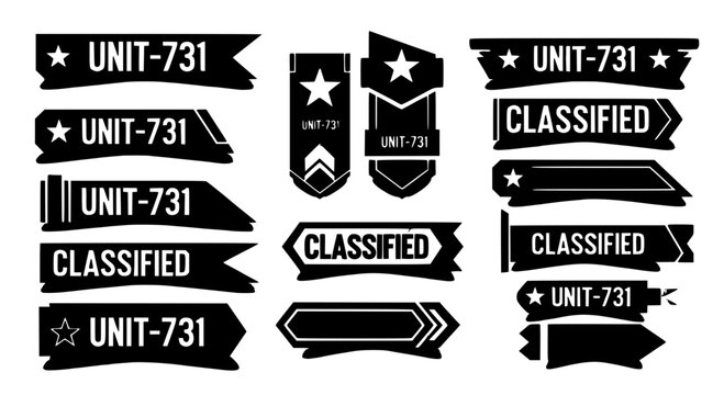 Labels military set with UNIT-731 and CLASSIFIED text, black and white badges with star symbols and ribbons