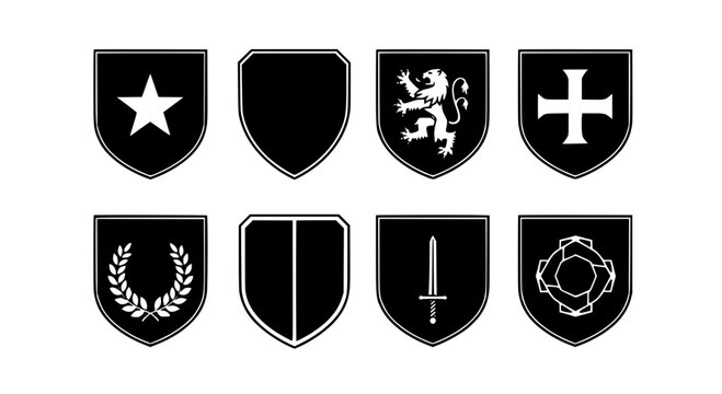 Shields heraldic set with star, lion, cross, laurel, sword and flower symbols in black and white featuring crest, coat of arms, emblems with logos