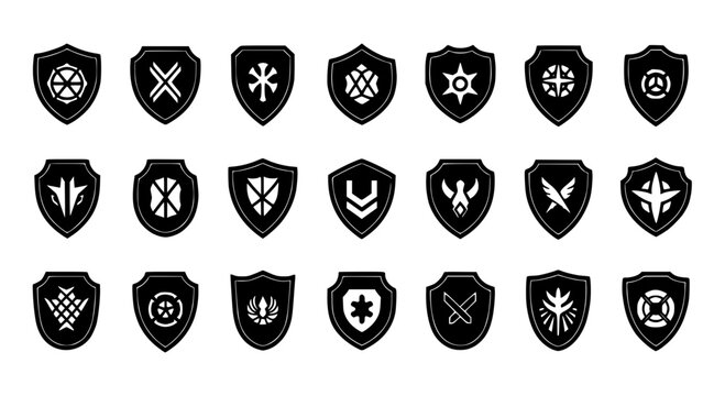 Shields heraldic emblem set with black and white symbols and logos featuring crest, coat of arms, symbol with logo and icon elements for collection,
