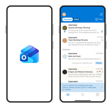 Microsoft Outlook Email Application Interface on Smartphone Screen. Outlook Mobile App UI Design Template for Inbox and Email Management