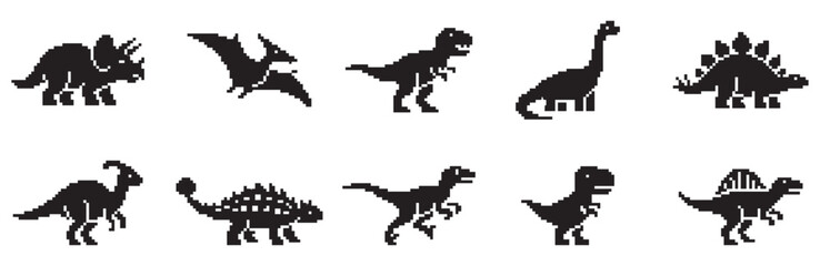 Pixel dinosaur silhouette icon set, Tyrannosaurus rex, sauropod, Stegosaurus, Pterosaur illustration, prehistoric animal design. Vector Illustration. © Jeremy_Show