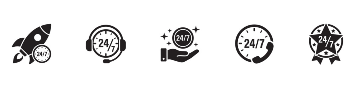24 7 service icon set. 24-7 open, concept with call icon. Support 24 hours a day and 7 days a week. Support service. Vector Illustration. EPS 10