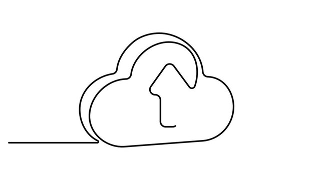 Minimalist single line art drawing depicting a cloud and an upward arrow. symbolizing cloud uploading or data transfer. Animated technology logo. Full length one line animation. 4k video