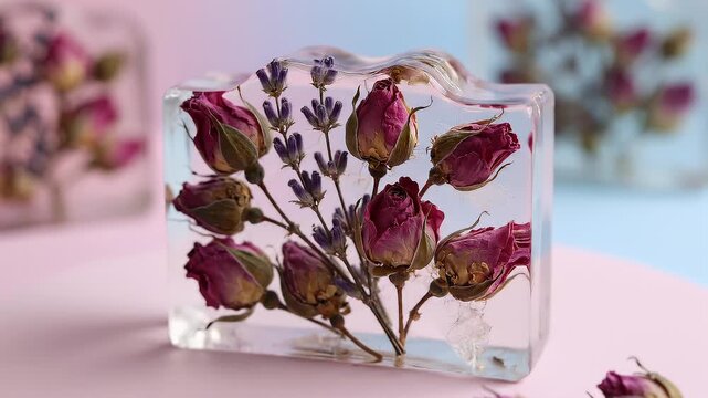Handmade soap with dried roses and lavender, natural skincare product for beauty and relaxation