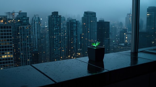 A small plant in a black pot sits on a windowsill, overlooking a city skyline at night.
