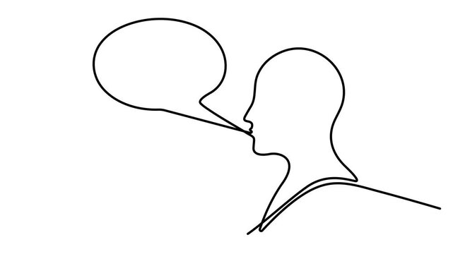 Animated self drawing of continuous line drawing head of a man with speech bubble video. Full length one line animation. 4K video