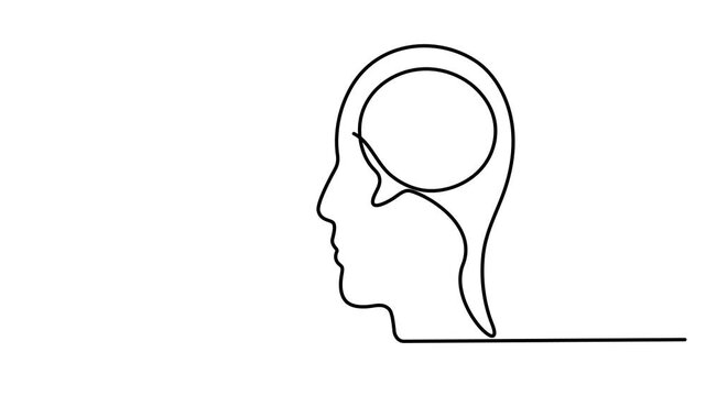 Animated self drawing of continuous line drawing head of a man with speech bubble video. Full length one line animation. 4K video