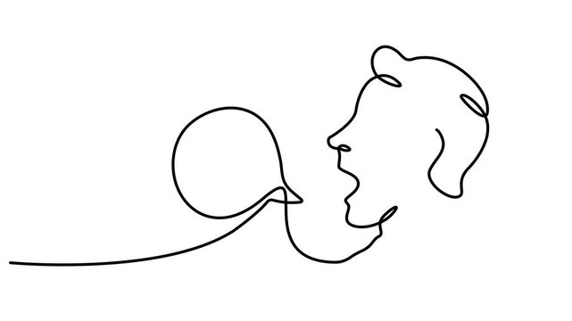 Animated self drawing of continuous line drawing head of a man with speech bubble video. Full length one line animation. 4K video