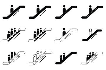 Obraz premium Set of 12 Escalator icon. Escalator black liner icon collection. Escalator Up and Down Icon In Different Style Vector. 