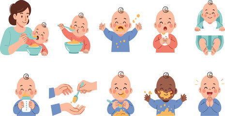 Fototapeta premium Baby Feeding Moments Vector Set with Mother Spoon Feeding Bottle Drinking and Messy Eating Scenes for Infant Nutrition Illustration and Childcare Design.