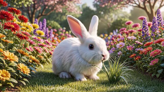 An adorable fluffy white rabbit peacefully grazing on fresh grass amidst a vibrant spring garden filled with colorful blooming flowers under the gentle sunlight