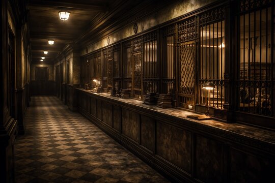 Vintage Grand Hallway with Ornate Teller Windows